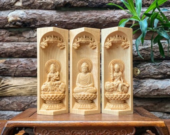 Wooden Buddhist Altar Samantabhadra Bodhisattva - Gautama Buddha - Manjushri Bodhisattva, Portable Altar Wooden 6'' High, Meditation Decor