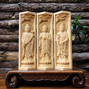 Buddhist Portable Folding Altar, Three Saints of West 8&#39;&#39; High, Buddha Triptych, Buddha Statues for Home Decor, Meditation Buddha Decor