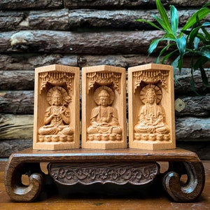 Buddhist Portable Folding Altar, Three Saints of West Sitting On Lotus 4&#39;&#39; High, Buddha Triptych, Buddha Statues for Home Decor