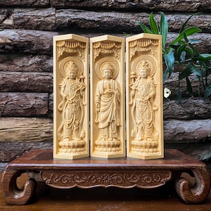 Buddhist Portable Folding Altar, Three Saints of the East Sitting On Lotus, Buddha Triptych 8&#39;&#39; High, Meditation Room, Home Decor