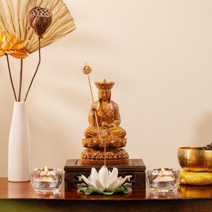 Wooden Sitting Ksitigarbha Bodhisattva Statue, Dizang Statue Feng Shui, Meditation Decor, Buddha Statue Small for Home, Buddha Gifts