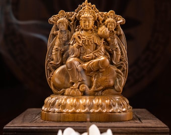 Samantabhadra Bodhisattva Statue Double-sided Wooden Feng Shui, Spiritual Decor, Meditation and Feng Shui Gifts, Buddha Statues for Home