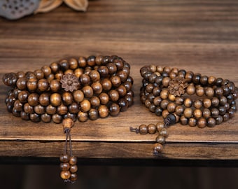 108 Mala Beads 6/8mm- Wooden Buddhist Prayer Beads, Buddha Bracelet, Bead Bracelet Men, Meditation Accessories, Green Cypress Wood Mala Bead