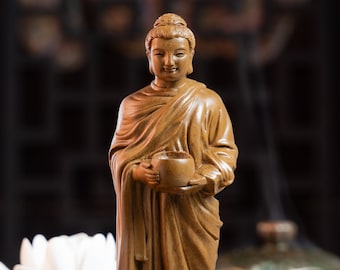 Sculpture Standing Buddha Holding Alms Bowl, Shakyamuni Buddha, Buddhist Figurines, Buddha Statue Small for Home, Desk Decor, Wood Carving
