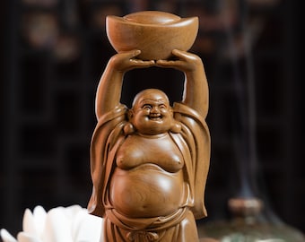 Maitreya Laughing Buddha Statue, Wooden Happy Buddha Statue 8&quot; High, Buddha Statues for Home Decor, Meditation Buddha Decor, Buda Statues