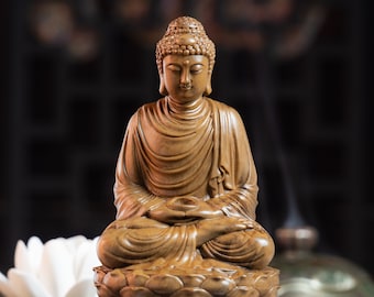 Sitzende Gautama Buddha-Statue aus Holz, Shakyamuni meditierender Buddha, buddhistische Figuren, kleine Buddha-Statue für Zuhause, Schreibtischdekoration