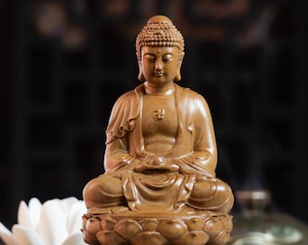 Wooden Sitting Amitabha Buddha Statue, Buddhist Art Feng Shui, Meditation Decor, Buddha Statue Small for Home, Mindful Gift