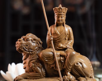 Ksitigarbha Bodhisattva Ride Unicorn Lion Statue, Dizang Statue Feng Shui, Meditation Decor, Buddha Statue Small for Home, Buddha Gifts