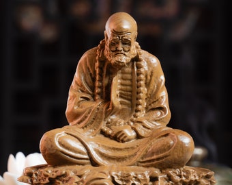 Bodhidharma Statue, Buddhist Art Feng Shui, Meditation Decor, Buddha Statue Small for Home, Desk Decor, Wood Carving