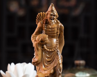 Wooden Statue of Ji Gong, Chan Master Daoji Statue, Buddhist Art Feng Shui, Meditation Decor, Buddha Statue Small for Home, Mindful Gift