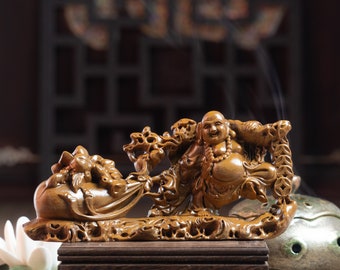 Maitreya Laughing Buddha Pull Money Bag Statue, Wooden Happy Buddha 8&quot; W, Buddha Statues for Home Decor, Meditation Decor, Buda Statues