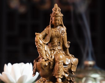 Wooden Guan Yin Bodhisattva, Kwan Yin, Quan Yin, Kuan Yin Statue Feng Shui 6" High, Buddha Statue for Compassion, Mercy, Enlightenment