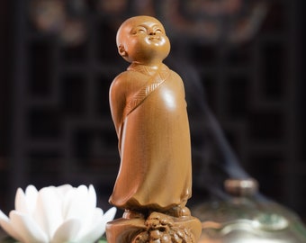 Little Monk Statue, Wooden Buddha Statue, Lucky Buddha, Buddhist Figurines, Buddha Statue Small for Home, Desk Decor, Wood Carving