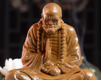 Bodhidharma Statue Sitting in Meditation, Buddhist Art Feng Shui, Buddha Statue Small for Home Decor, Desk Decor, Wood Carving