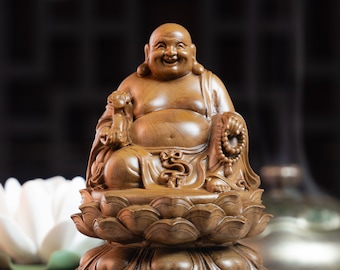 Happy Buddha Laughing Buddha Statue, Maitreya Buddha, Wooden Buddha Statue Small for Home, Meditation Buddha Decor, Buda Statues