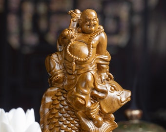 Maitreya Laughing Buddha Statue Sitting on the Carp Fish, Smiling Maitreya Buddha, Happy Buddha, Buddha Statue for Home Decor