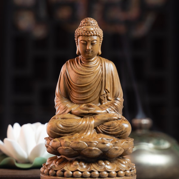 Sitzende Gautama-Buddha-Statue aus Holz, Shakyamuni meditierender Buddha, buddhistische Skulptur, kleine Buddha-Statue für Zuhause, Schreibtischdekoration