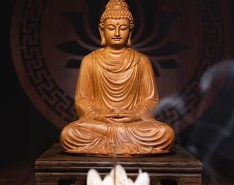 Wooden Sitting Gautama Buddha Statue, Shakyamuni Meditating Buddha, Spiritual Decor, Feng Shui Gifts, Buddha Statues for Home