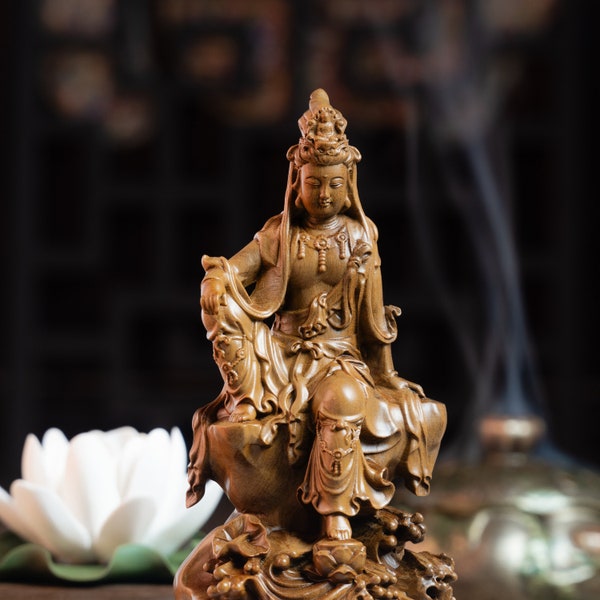 Houten Guan Yin Bodhisattva, Kwan Yin, Quan Yin, Kuan Yin Standbeeld Feng Shui 6" Hoog, Boeddhabeeld voor mededogen, genade, verlichting