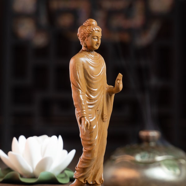 Statue de bouddha Shakyamuni debout, statue de bouddha en bois 20 cm de haut, statues de bouddha pour la décoration intérieure, décoration zen