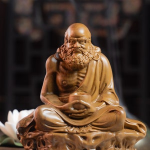Handcrafted Wooden Statue of Bodhidharma, Buddhist Art Feng Shui, Meditation Decor, Buddha Statue Small for Home, Mindful Gift