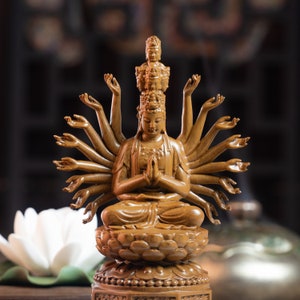 Thousand Hands Guan Yin Bodhisattva Statue Sitting on Lotus, Thousand-hand Kwan Yin, Quan Yin, Kuan Yin Statue Feng Shui, Meditation Decor