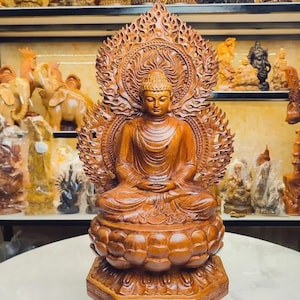 Wooden Sitting Gautama Buddha Statue, Shakyamuni Meditating Buddha, Spiritual Gifts Zen Feng Shui Meditation Decor, Figurines for Home Decor