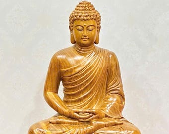 Wooden Sitting Gautama Buddha Statue 15.7/19.7/23.6 Inch Shakyamuni Meditating Buddha Spiritual Decor Feng Shui Gifts Statues for Home Decor