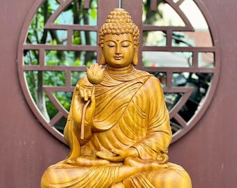Shakyamuni Buddha Statue Holding Lotus 19.7/23.6/27.6/31.5 Inch, Wooden Sitting Gautama Buddha Statue on Lotus, Buddha Statue for Home Decor