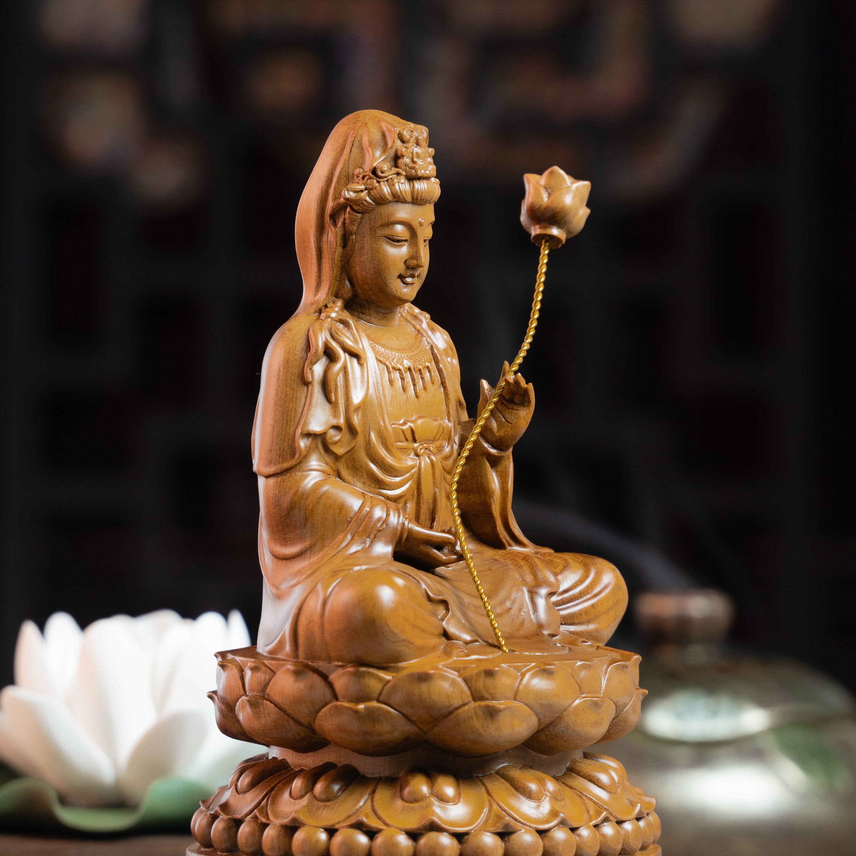 Wooden Sitting Guan Yin Bodhisattva Statue Holding Lotus