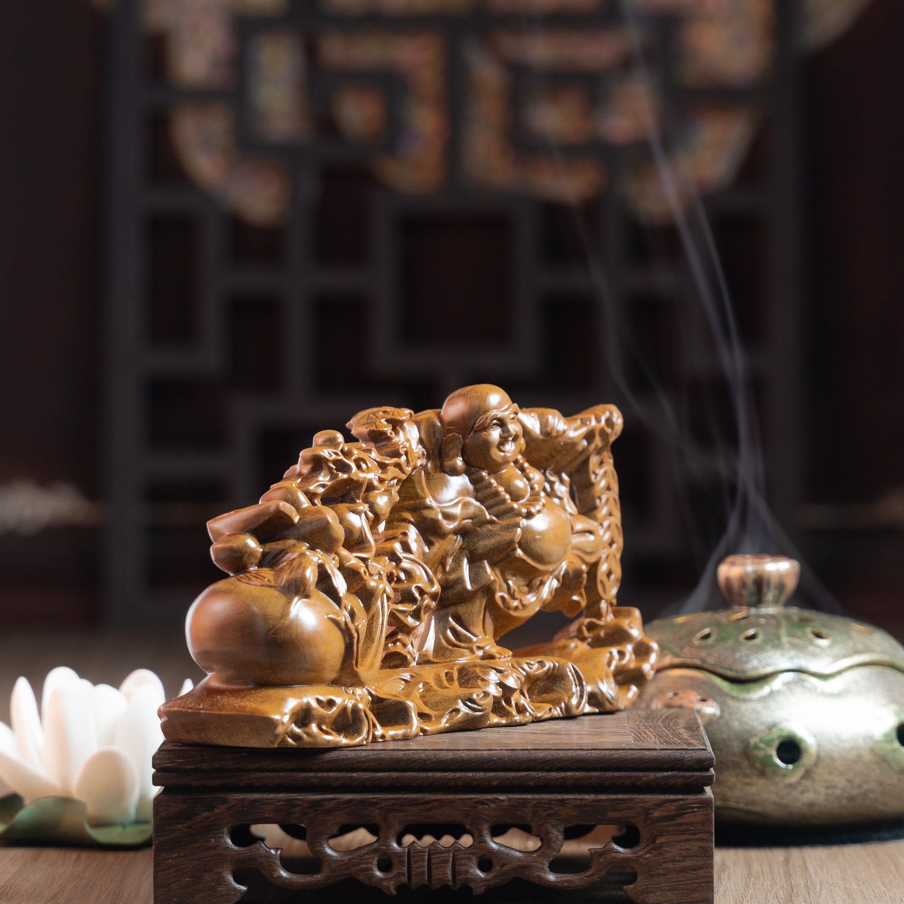 Maitreya Laughing Buddha Pull Money Bag Statue, Wooden Happy