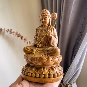 Wooden Sitting Guan Yin Bodhisattva Statue Holding Lotus - Etsy