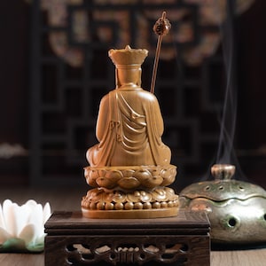 Wooden Sitting Ksitigarbha Bodhisattva Statue, Dizang Statue Feng Shui, Meditation Decor, Buddha Statue Small for Home, Buddha Gifts image 9