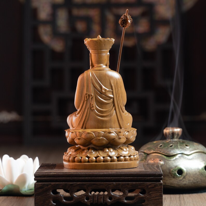 Wooden Sitting Ksitigarbha Bodhisattva Statue, Dizang Statue Feng Shui, Meditation Decor, Buddha Statue Small for Home, Buddha Gifts image 9