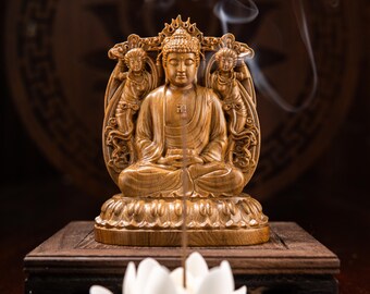 Amitabha Buddha Statue, Double-sided Wooden Feng Shui, Spiritual Decor, Meditation and Feng Shui Gifts, Buddha Statues for Home