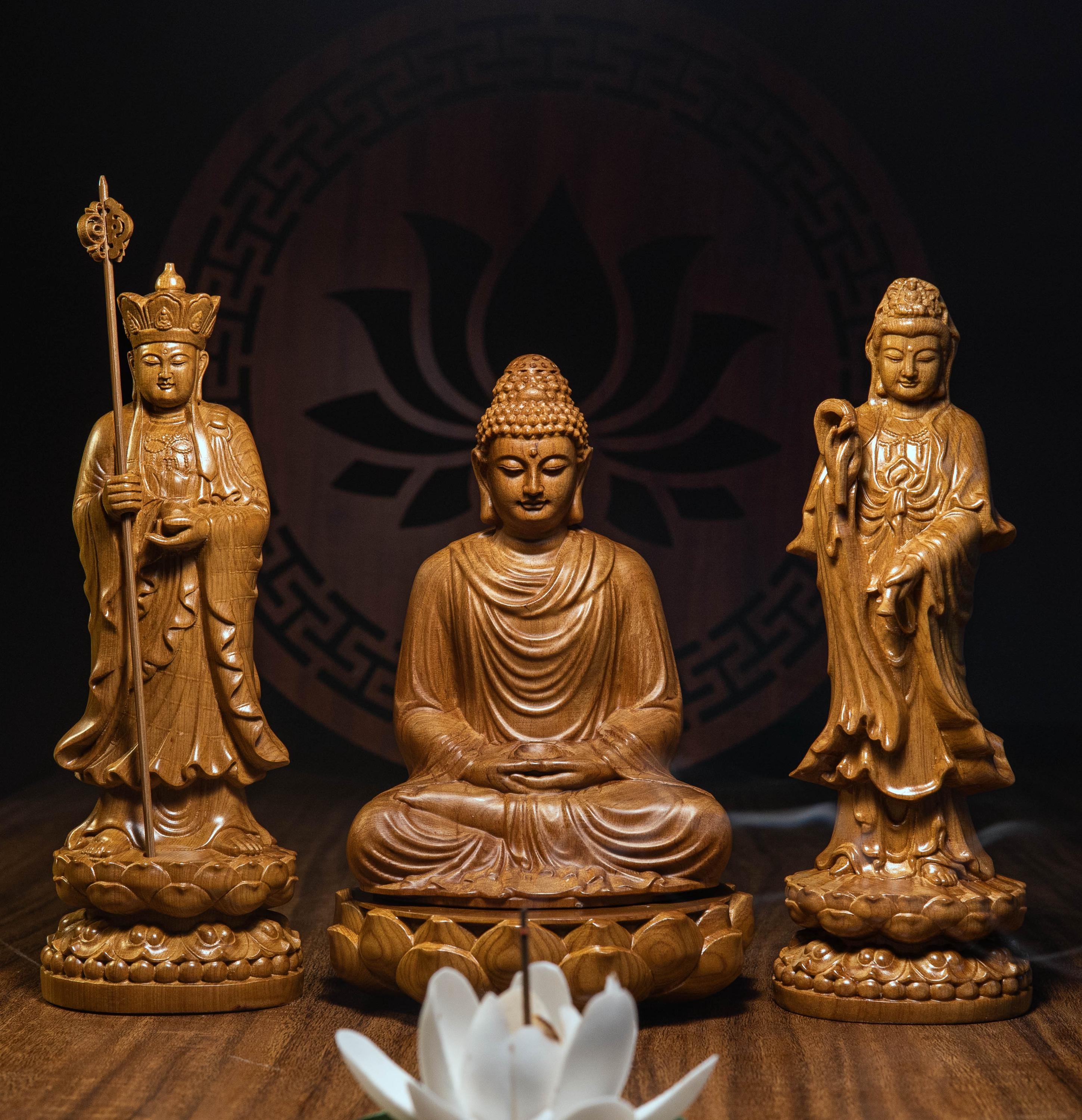 Three Statue Set of Shakyamuni Buddha, Guanyin, and Ksitigarbha