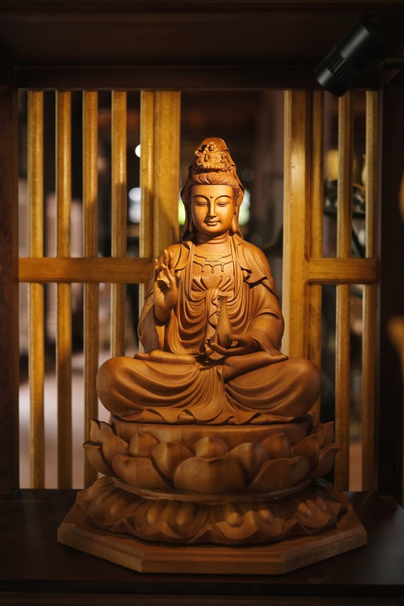 木製座像観音菩薩像、観音像、観音像、風水、家庭用仏像、瞑想装飾