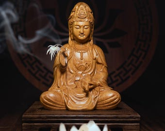 Wooden Guan Yin Bodhisattva Holding a Willow Branch, Kwan Yin, Quan Yin, Kuan Yin Statue Feng Shui 6", Meditating Buddha, Spiritual Gift