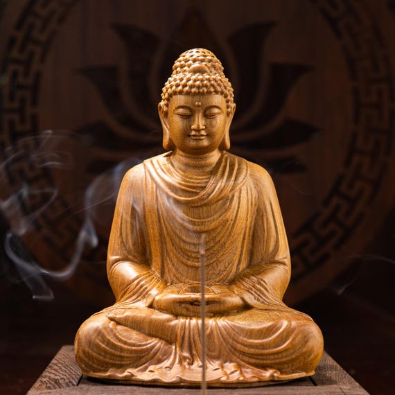 木製の座像ゴータマ・ブッダ、釈迦牟尼瞑想仏、スピリチュアルな装飾