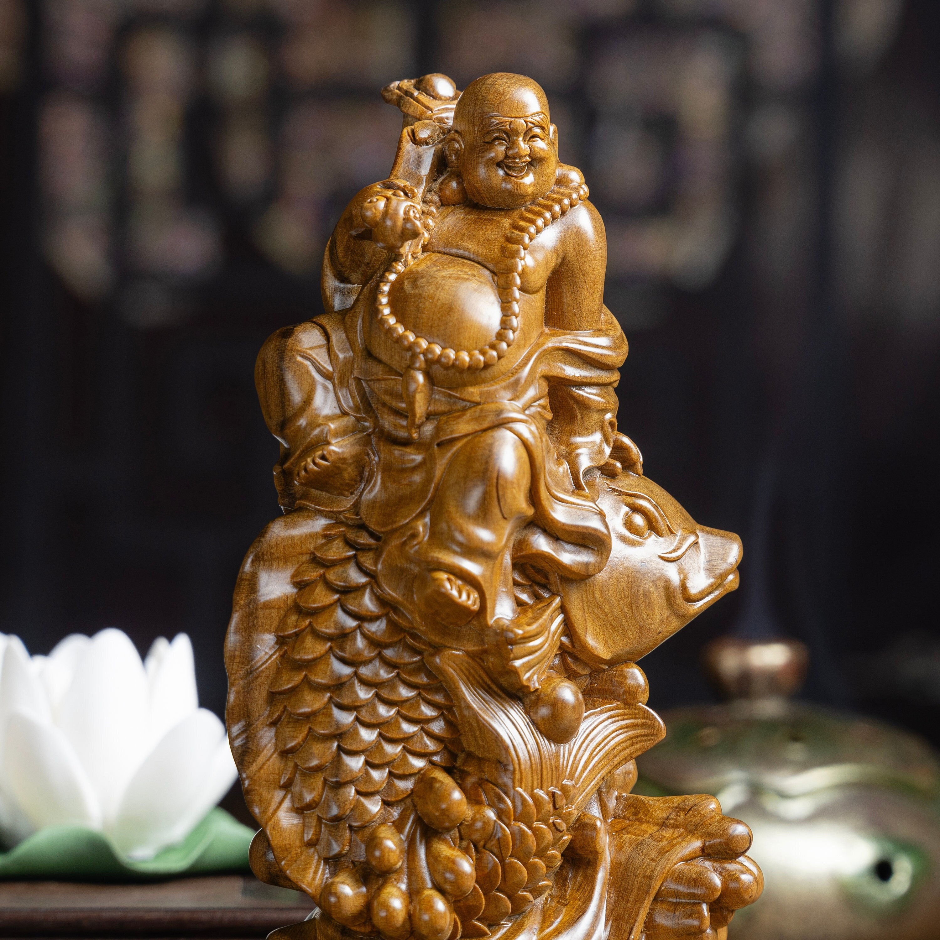 Maitreya Laughing Buddha Statue Sitting on the Carp Fish, Smiling Maitreya Buddha, Happy Buddha, Buddha Statue for Home Decor