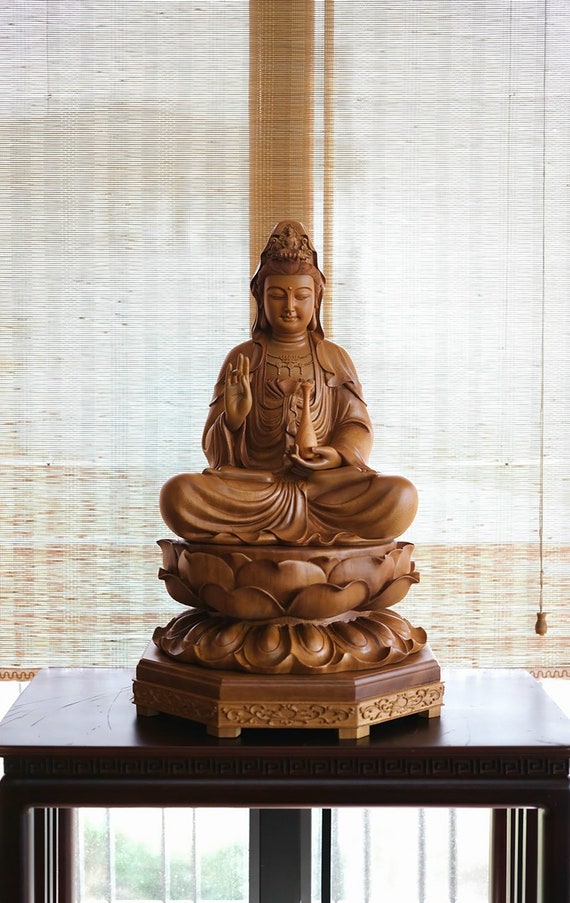 木製座像観音菩薩像、観音像、観音像、風水、家庭用仏像、瞑想装飾