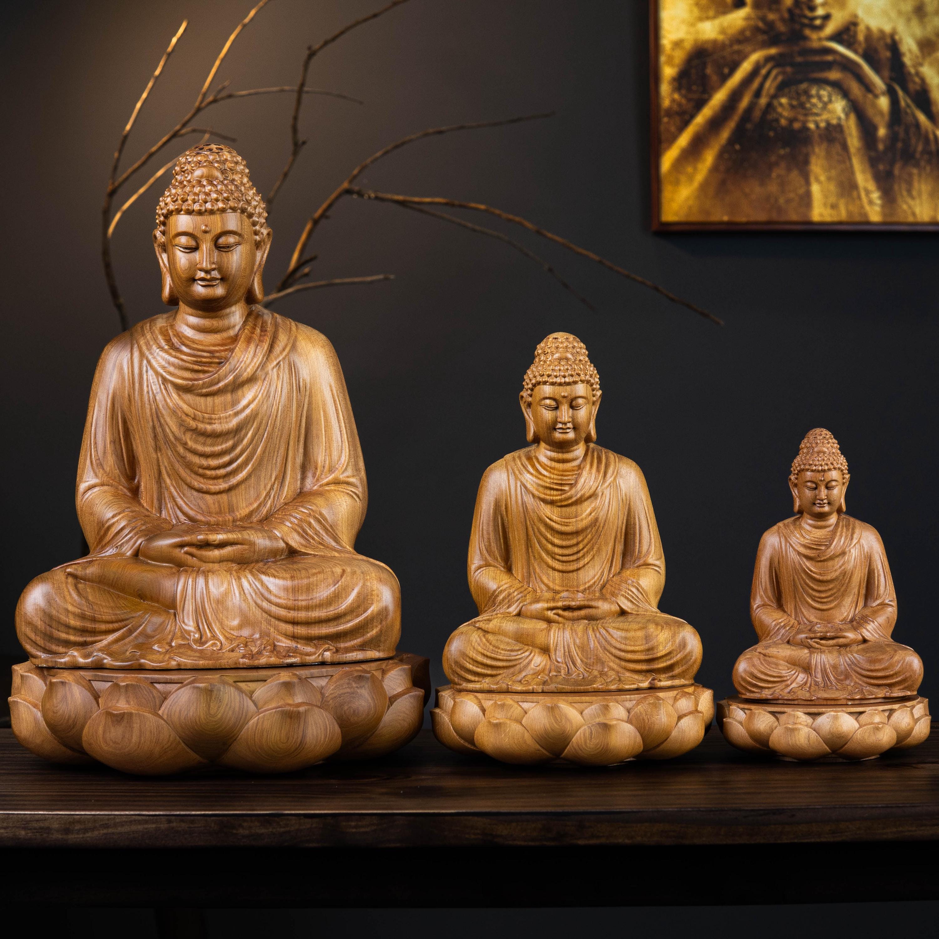 木製の座像ゴータマ・ブッダ、釈迦牟尼瞑想仏、スピリチュアルな装飾