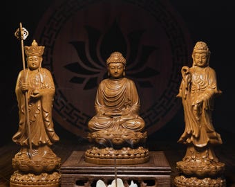 釈迦如来、観音菩薩、地蔵菩薩の三像セット、仏像、室内装飾、心の