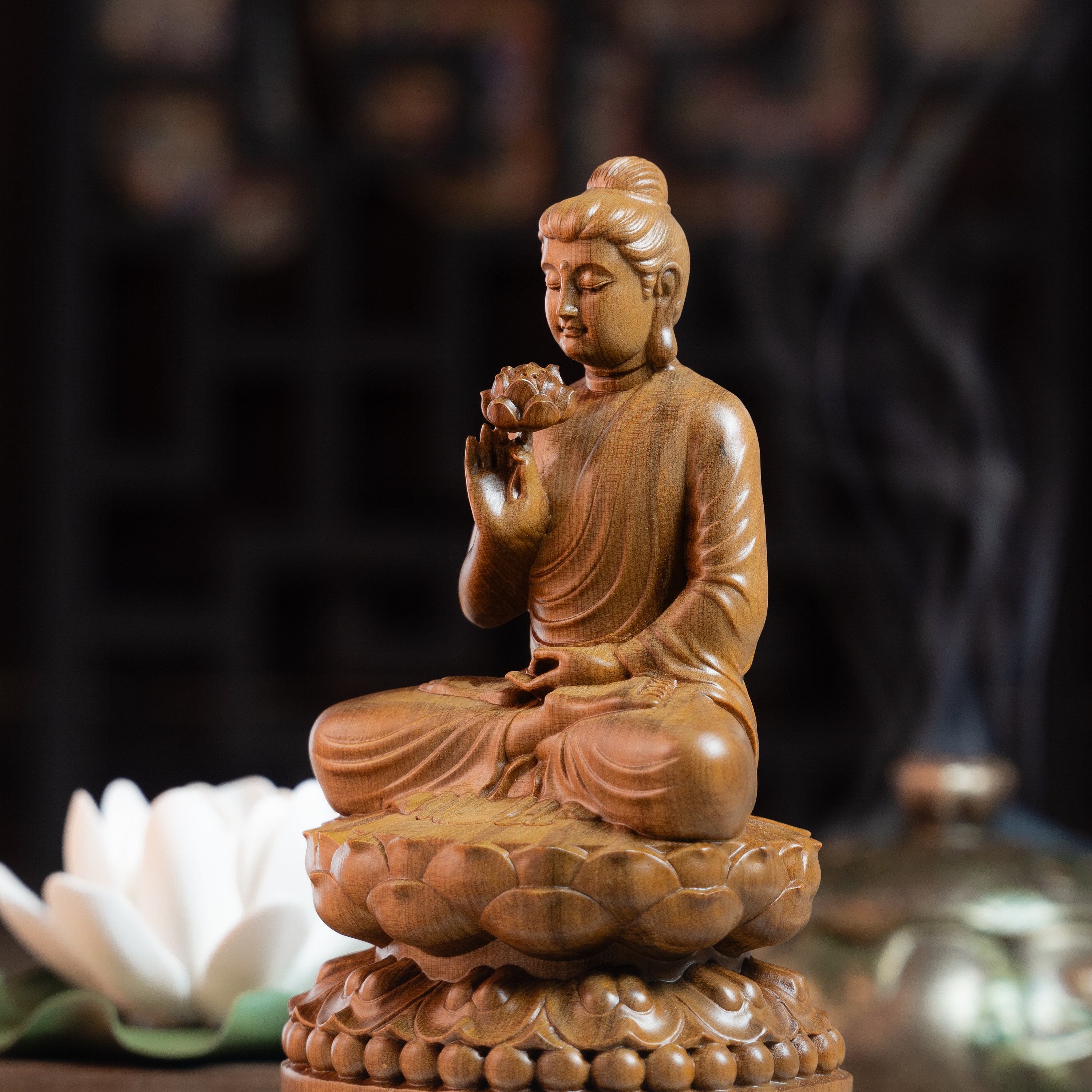 Wooden Sitting Gautama Buddha Statue Holding Lotus, Shakyamuni