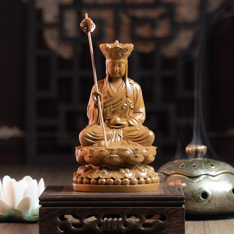 Wooden Sitting Ksitigarbha Bodhisattva Statue, Dizang Statue Feng Shui, Meditation Decor, Buddha Statue Small for Home, Buddha Gifts image 3