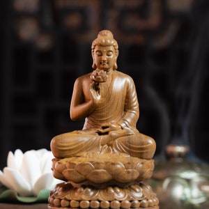 Wooden Sitting Gautama Buddha Statue Holding Lotus, Shakyamuni Buddha 5.9 inches, Buddhist Figurines, Buddha Statue for Home Decor