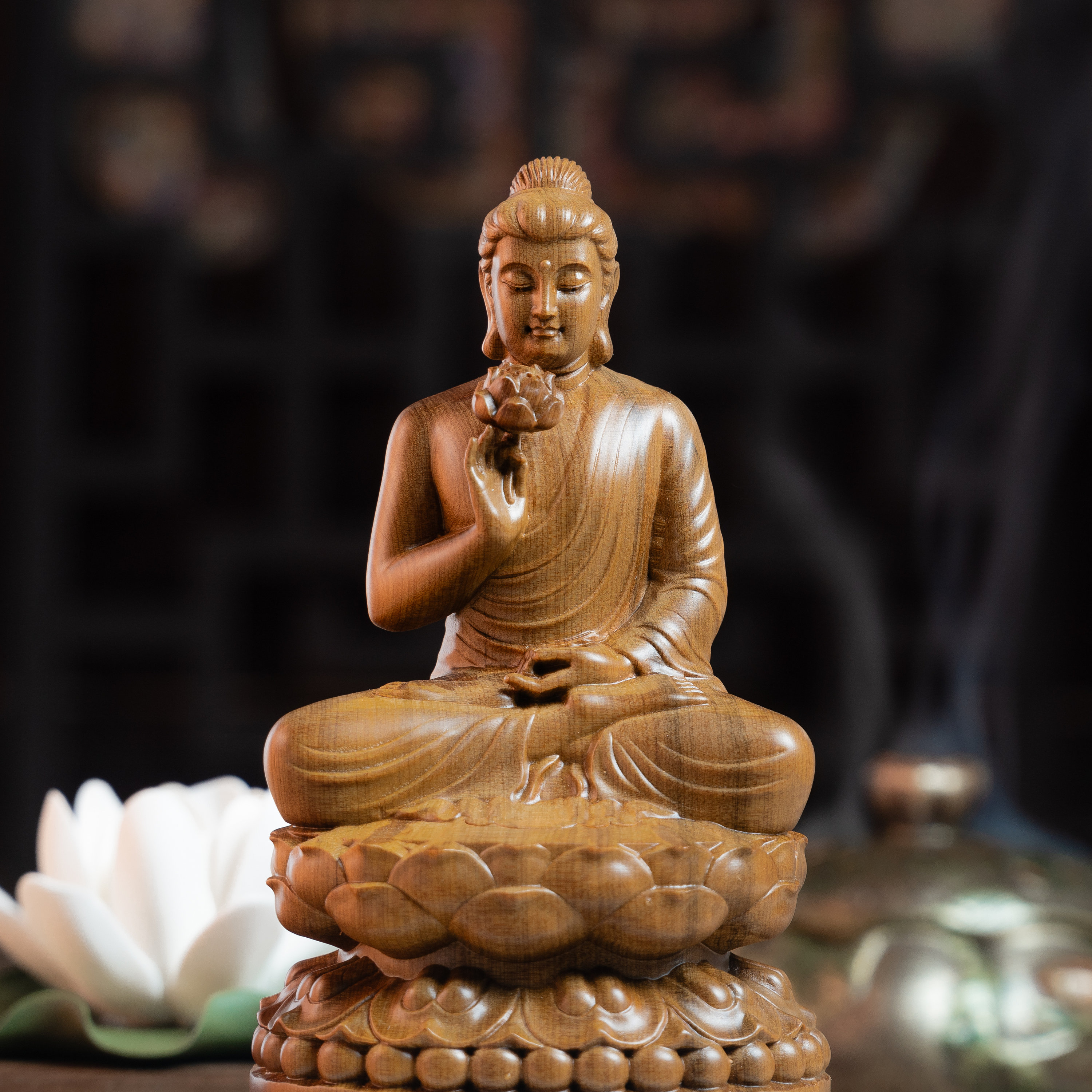 Wooden Sitting Gautama Buddha Statue Holding Lotus, Shakyamuni
