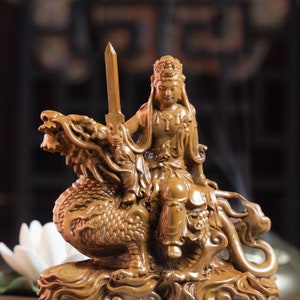 Manjushri Bodhisattva Ride Lion Statue, Manjusri Statue Feng Shui, Wooden Bodhisattva of Great Wisdom, Buddha Statue Small for Home Decor