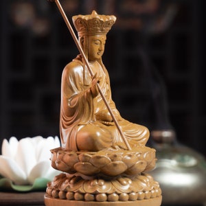 Wooden Sitting Ksitigarbha Bodhisattva Statue, Dizang Statue Feng Shui, Meditation Decor, Buddha Statue Small for Home, Buddha Gifts image 10