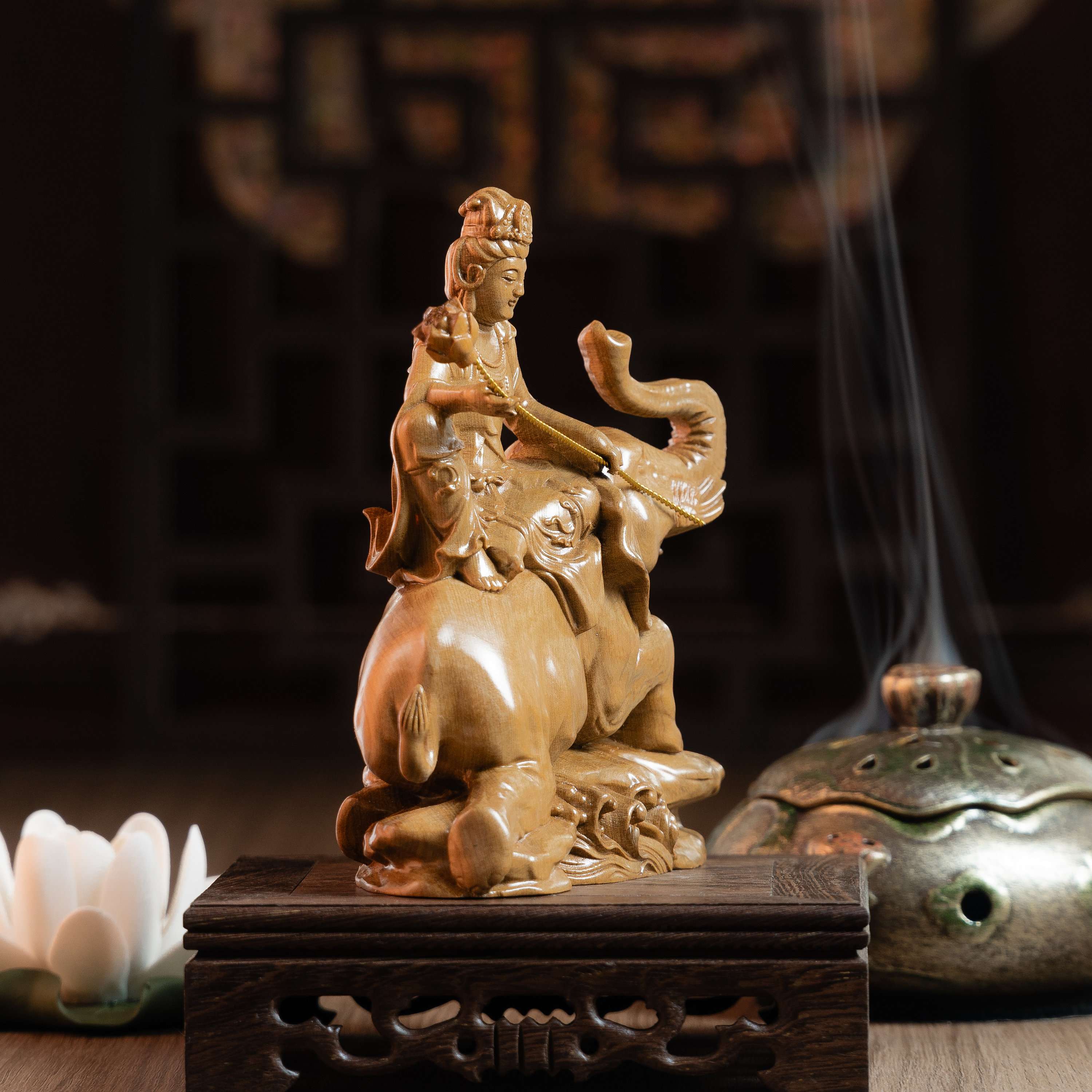 Samantabhadra Bodhisattva Statue, Wooden Buddha Statue for Home